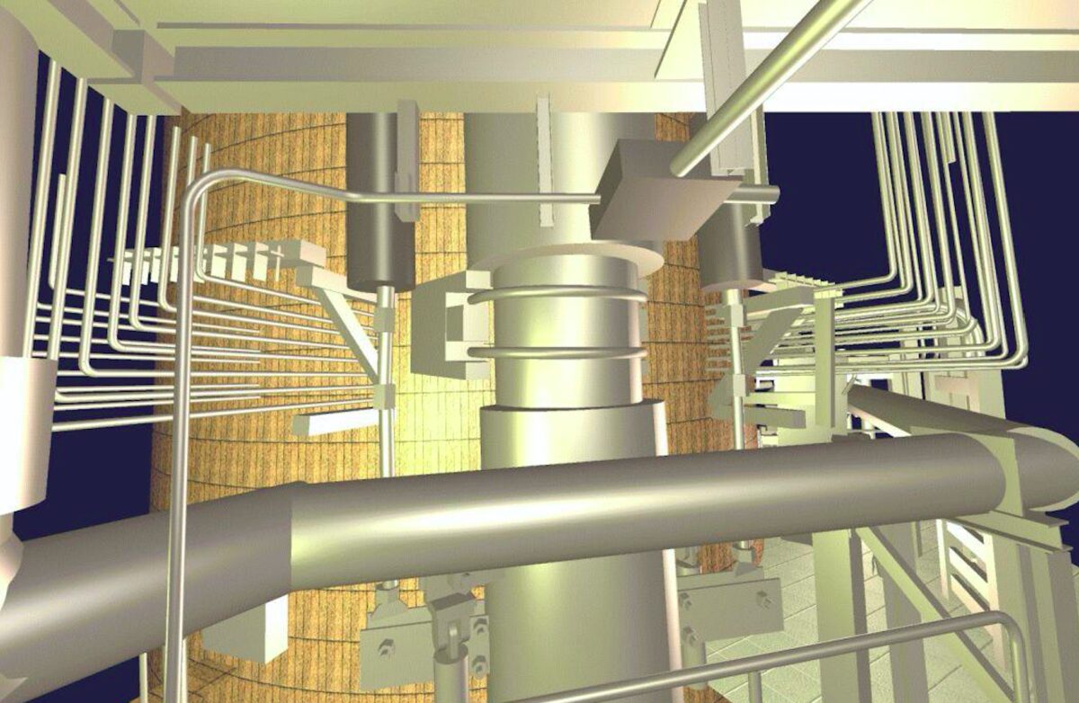 Shaded 3D as-built CAD model of reactor piping and structures